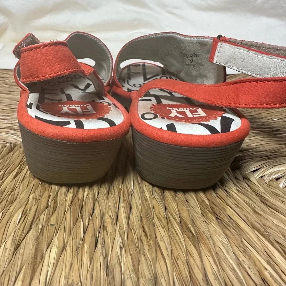 Fly London Palp Orange Nubuck Leather Slingback Wedge Sandal Open Toe Sz 38 US 7